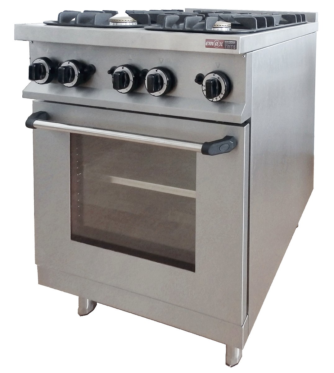 ELEKTHERMAX gas stove with 6 burners, electric oven, 2 pan support grids  and 1 griddle plate