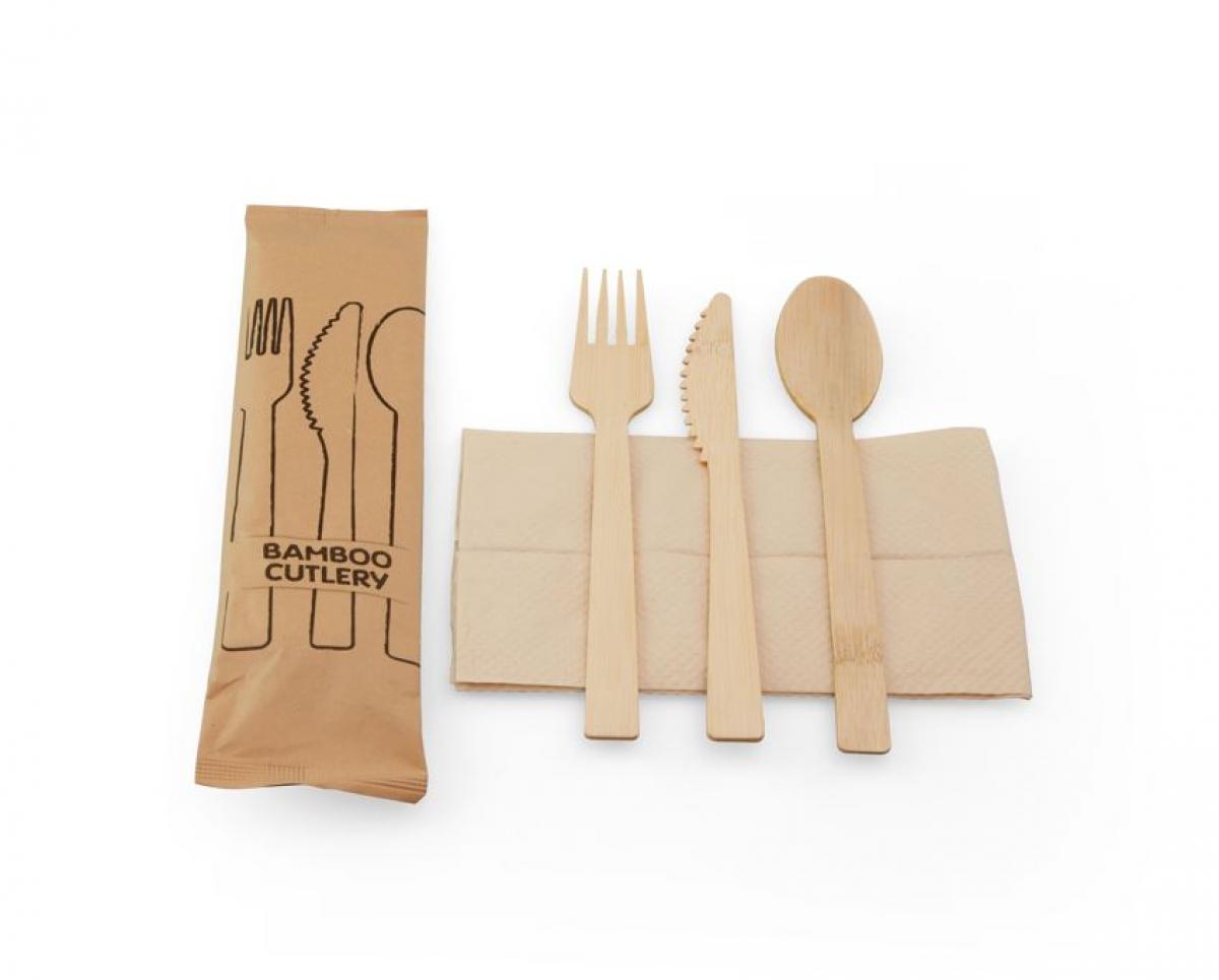 Professional disposable cutlery set, bamboo fork, knife and spoon, with  napkin - 30 pcs/box
